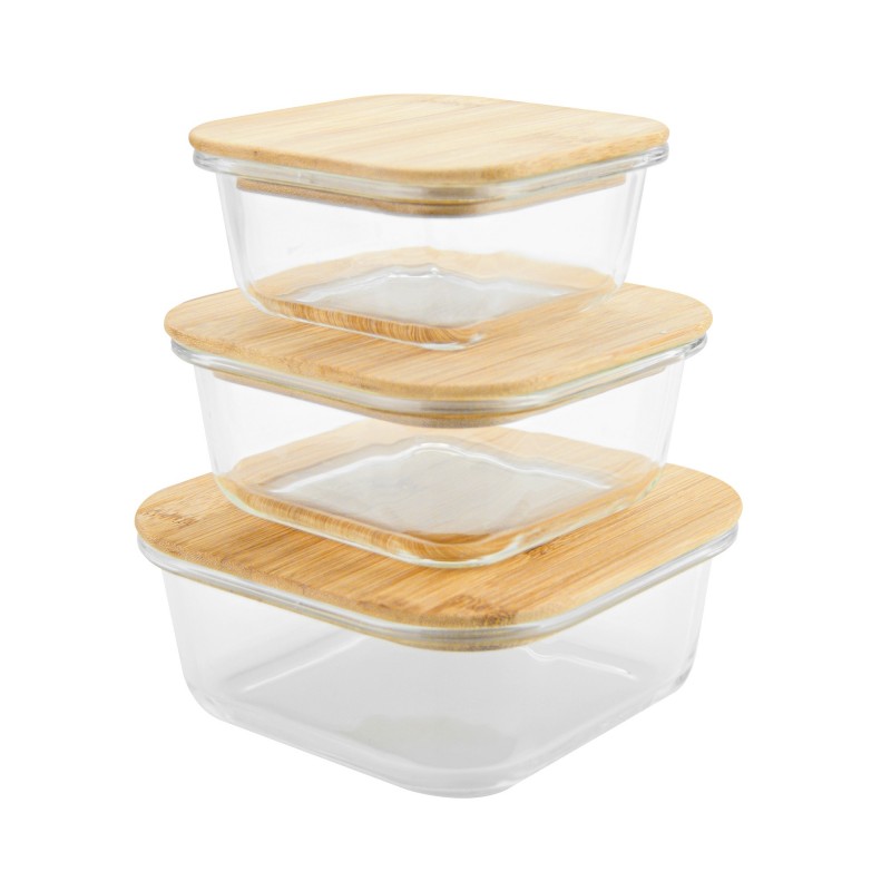 SET DE 3 RECIPIENTES DE CRISTAL BOROSILICATO CON TAPA DE BAMBÚ